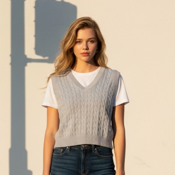 Brandy Melville Gray V-Neck Cable Knit Women's Sweater Vest - Picture 2 of 5